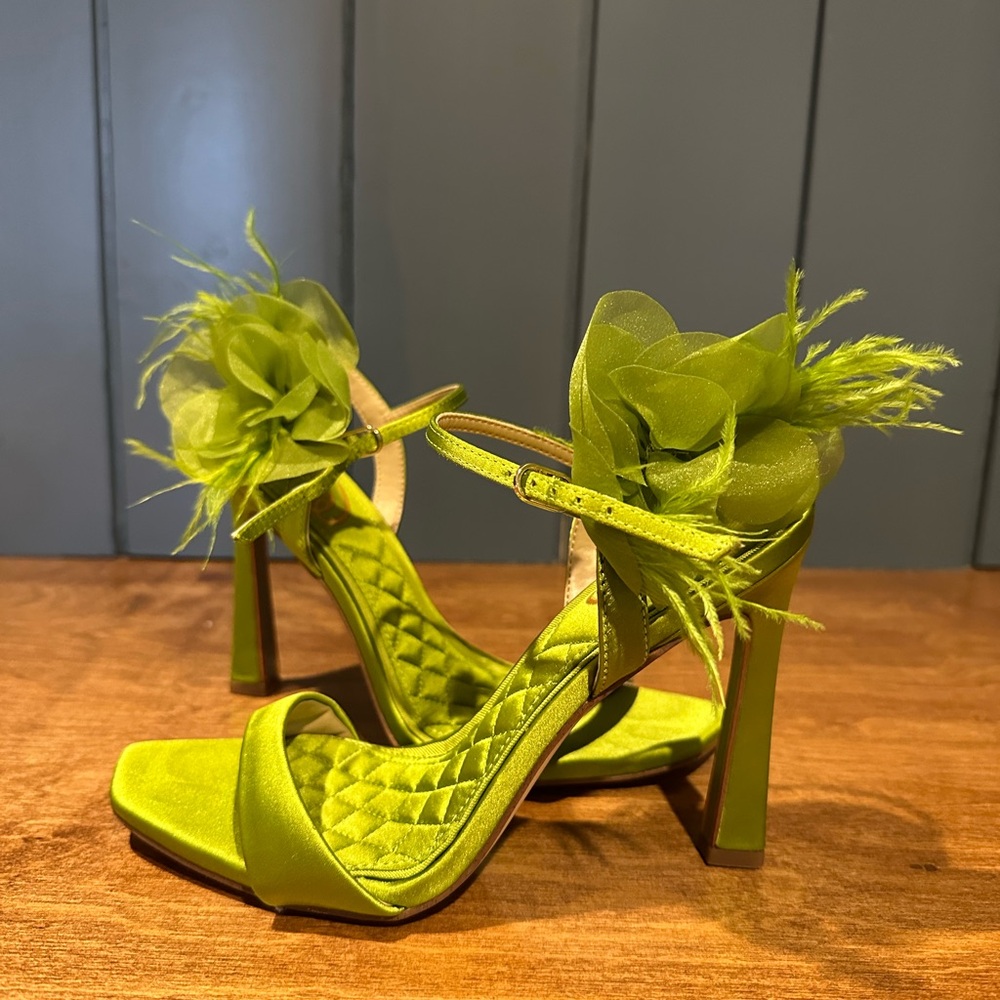 Sam Edelman Lime Green Feather Flower Satin High Heels